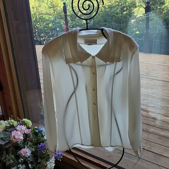 Breckenridge Ivory Sheer Button Down Long Sleeve Collared Sz 10 Dressy Blouse - Picture 2 of 9